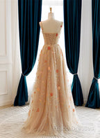 Champagne Floral Tulle Straps Sweetheart Wedding Party Dress, A-Line Tulle Long Formal Prom Dress