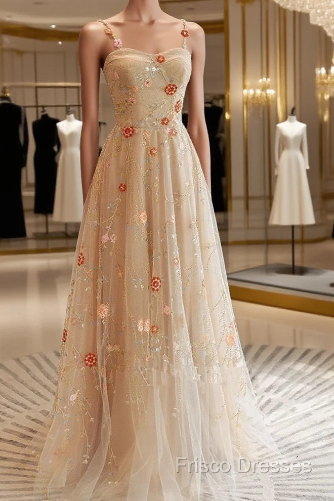Champagne Floral Tulle Straps Sweetheart Wedding Party Dress, A-Line Tulle Long Formal Prom Dress