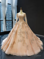 Champagne Gold Ball Gown Tulle Backless Long Sleeve Quinceanera Dresses