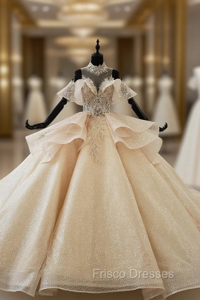 Champagne Gold Ball Gown Tulle Sequins High Neck Backless Wedding Dress Main image