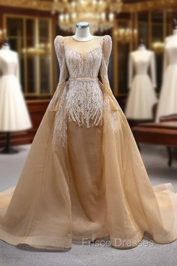 Champagne Gold Long Sleeve Beading Formal Prom Dress