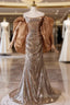 Champagne Gold Mermaid Sequins Strapless Pleats Formal Prom Dress