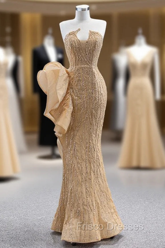 Champagne Gold Mermaid Sequins Strapless Formal Prom Dress Main image