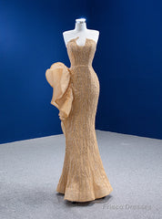 Champagne Gold Mermaid Sequins Strapless Prom Dress