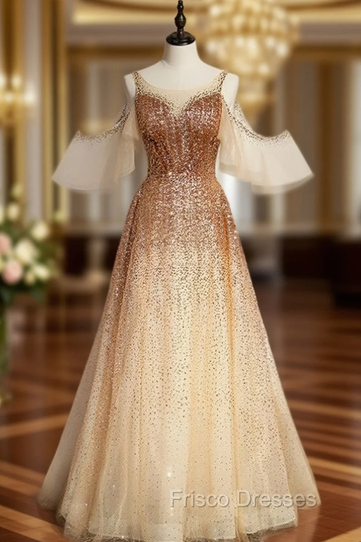 Champagne Gold Sequins Flying Sleeve Formal Prom Dress Main image