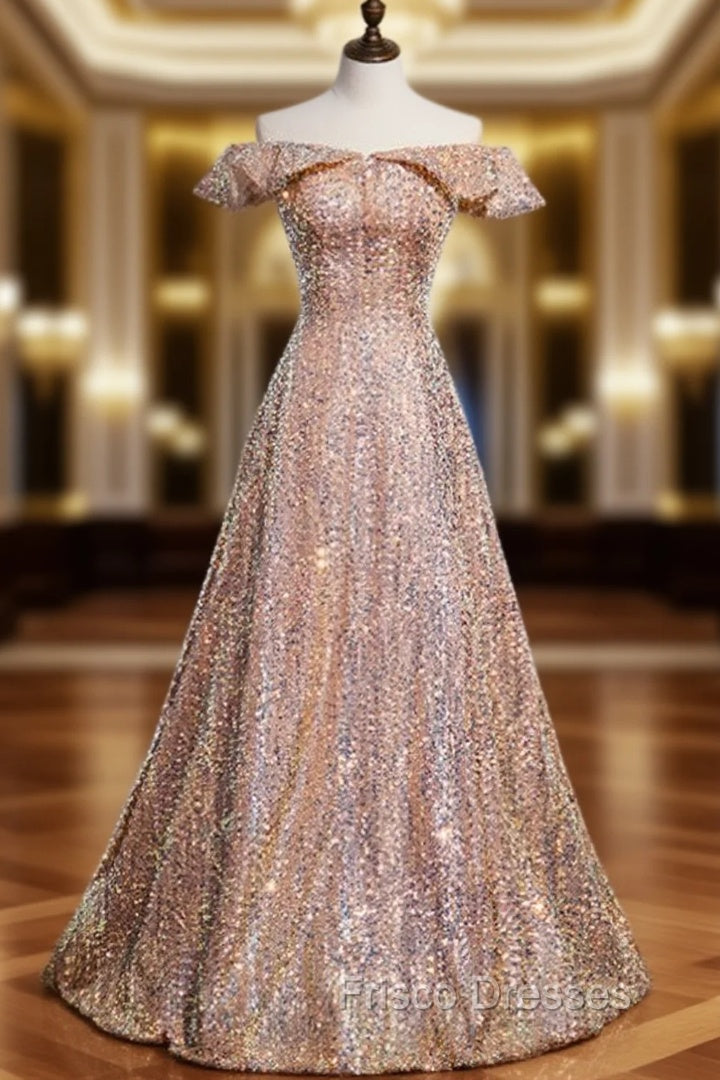 Champagne Gold Sequins Off the Shoulder Formal Prom Dress Main image