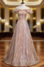 Champagne Gold Sequins Off the Shoulder Formal Prom Dress