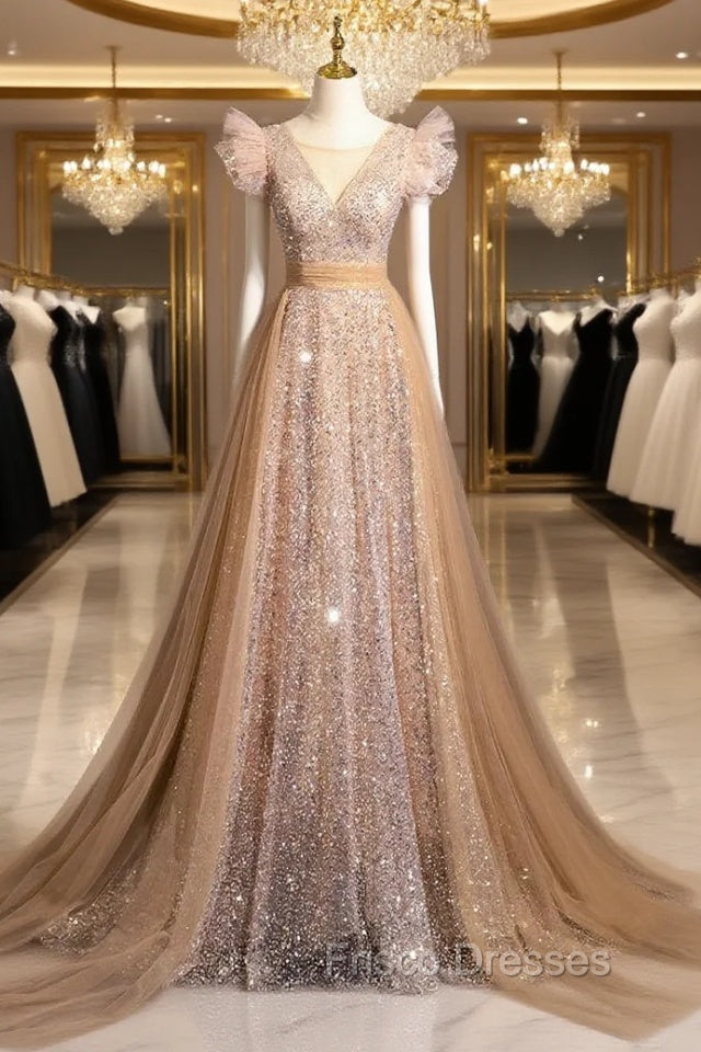 Champagne Gold Sequins Tulle Formal Prom Dress Main image