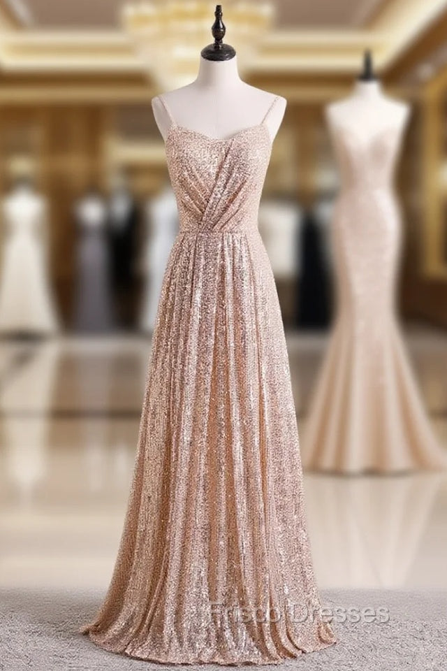 Champagne Gold Seuqins Spaghetti Straps Formal Prom Dress