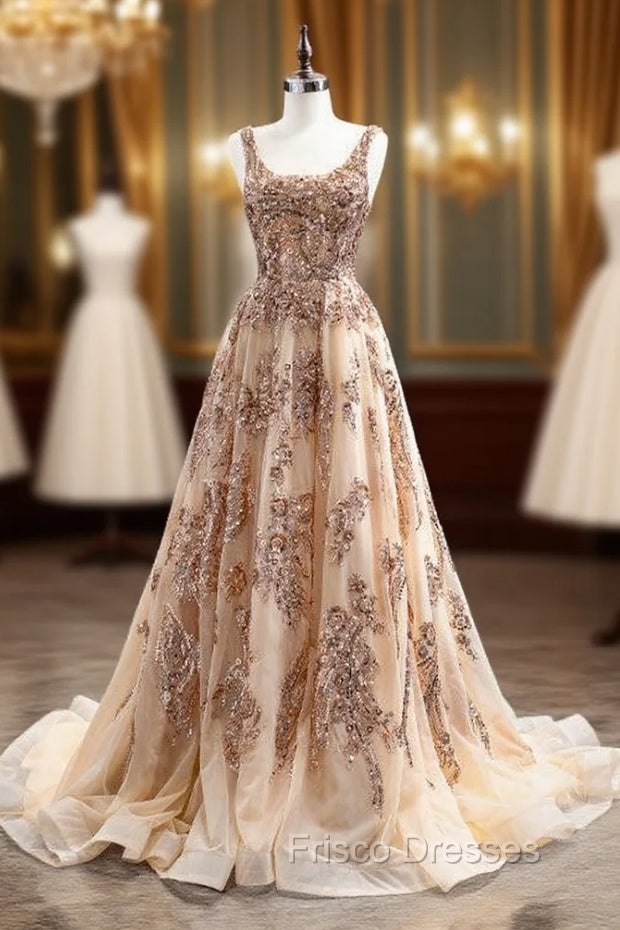 Champagne Gold Tulle Sequins Beading Formal Prom Dress