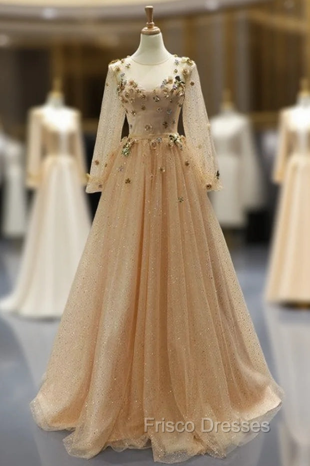 Champagne Gold Tulle Sequins Long Sleeve Appliques Formal Prom Dress Main image
