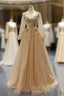 Champagne Gold Tulle Sequins Long Sleeve Appliques Formal Prom Dress