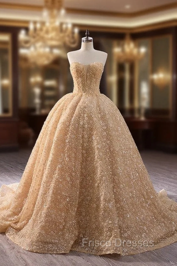 Champagne Gold Tulle Sequins Strapless Formal Prom Dress Main image