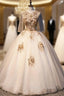Champagne Gold Tulle Short Sleeve Appliques Quinceanera Dress