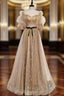 Champagne Gold Tulle Square Short Sleeve Formal Prom Dress