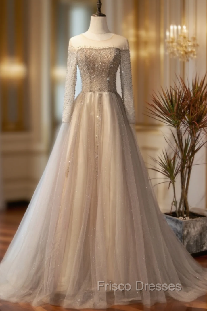 Champagne Gray Tulle Long Sleeve Beading Formal Prom Dress