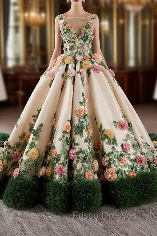 Champagne Green Tulle 3D Flower Formal Prom Dress