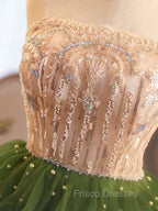 Champagne/Green Tulle Lace Short Formal Prom Dress, Cute Homecoming Dress