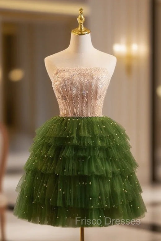 Champagne/Green Tulle Lace Short Formal Prom Dress, Cute Homecoming Dress Main image