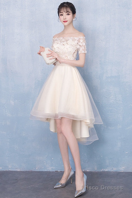 Champagne High Low Off Shoulder Tulle With Lace Prom Dress , Short Homecoming Dress Secondary image