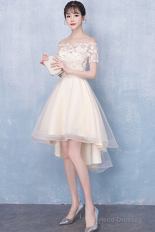 Champagne High Low Off Shoulder Tulle With Lace Prom Dress , Short Homecoming Dress