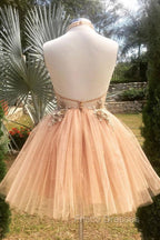Champagne High Neck Tulle Lace Short Formal Prom Dress Tulle Formal Dress