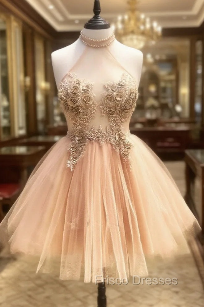 Champagne High Neck Tulle Lace Short Formal Prom Dress Tulle Formal Dress Main image