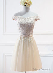 Champagne Lace Applique Off Shoulder Tulle Party Dress Homecoming Dress, Tulle Short Prom Dress