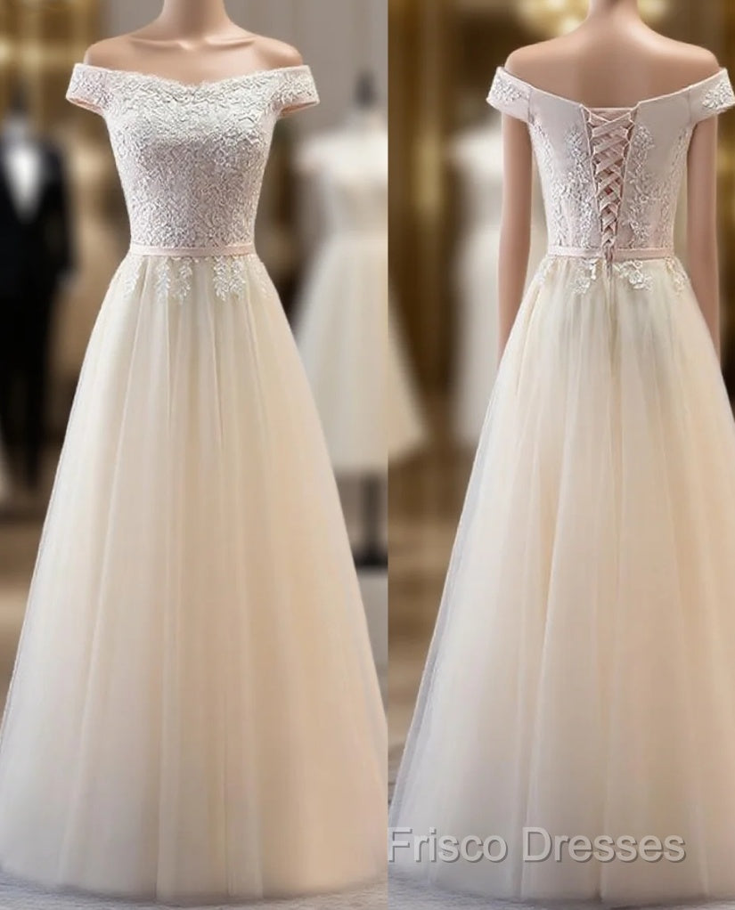 Champagne Lace Applique Off Shoulder Tulle Party Formal Prom Dress