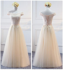 Champagne Lace Applique Off Shoulder Tulle Party Prom Dress