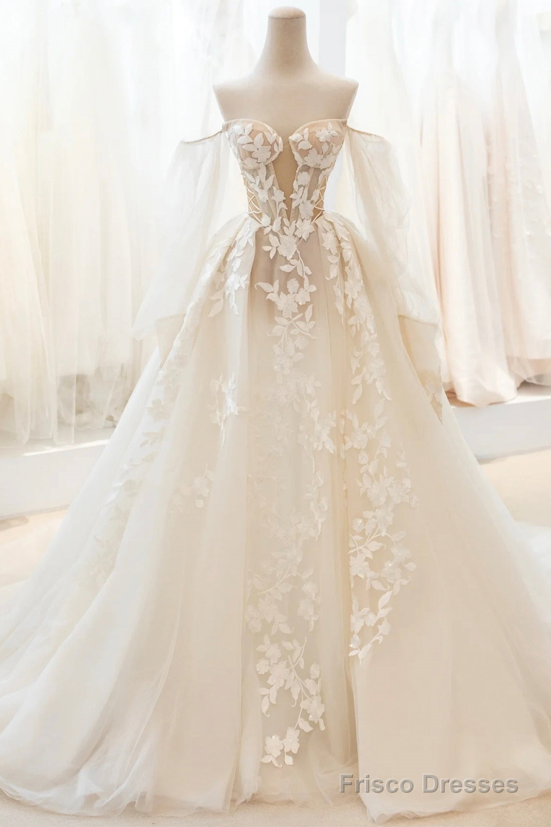 Champagne Lace Long A-Line Ball Gown, Off The Shoulder Evening Party Dress Main image