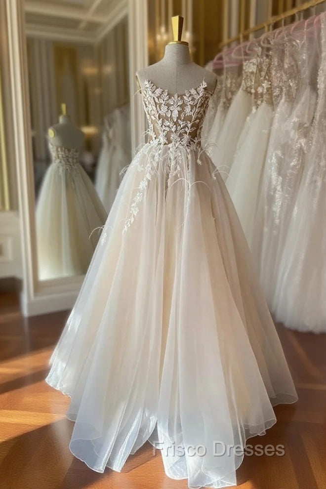 Champagne Lace Long A-Line Formal Prom Dress, Strapless Evening Dress Main image