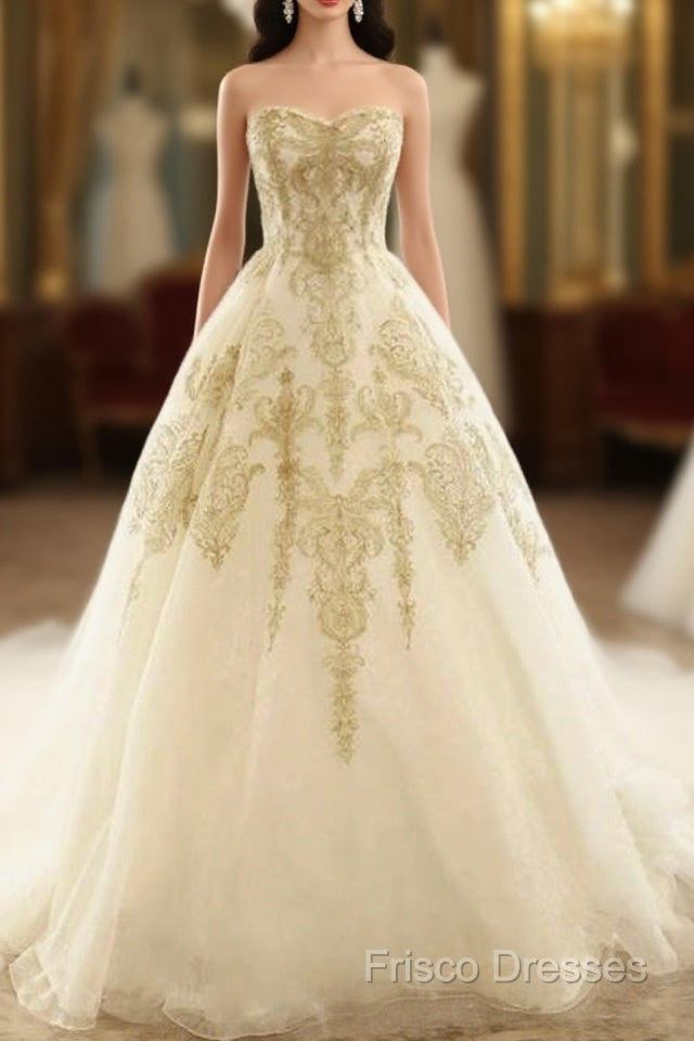 Champagne Lace Long Wedding Dress, Champagne Bridal Dress, Champagne Lace Wedding Formal Prom Gown Main image