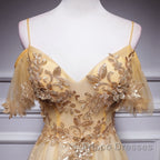 Champagne Lace Off Shoulder Long Party Dress , Cute Tulle Formal Dress Formal Prom Dress