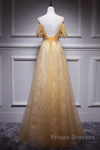 Champagne Lace Off Shoulder Long Party Dress , Cute Tulle Formal Dress Formal Prom Dress