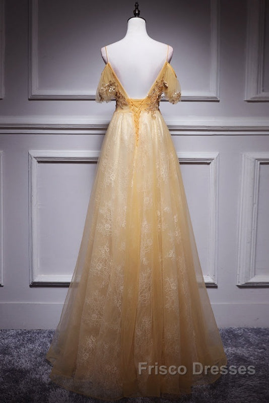 Champagne Lace Off Shoulder Long Party Dress , Cute Tulle Formal Dress Formal Prom Dress