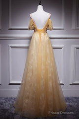 Champagne Lace Off Shoulder Long Party Dress , Cute Tulle Formal Dress Prom Dress