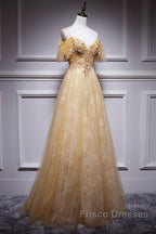 Champagne Lace Off Shoulder Long Party Dress , Cute Tulle Formal Dress Formal Prom Dress