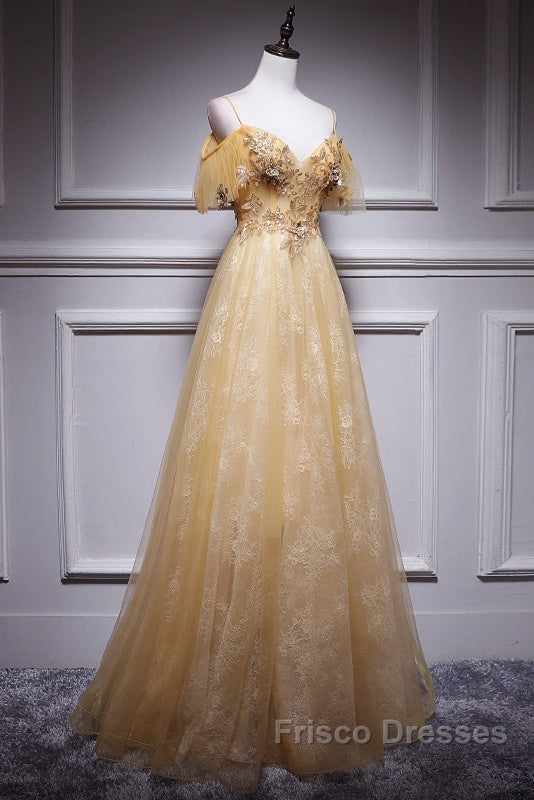 Champagne Lace Off Shoulder Long Party Dress , Cute Tulle Formal Dress Formal Prom Dress