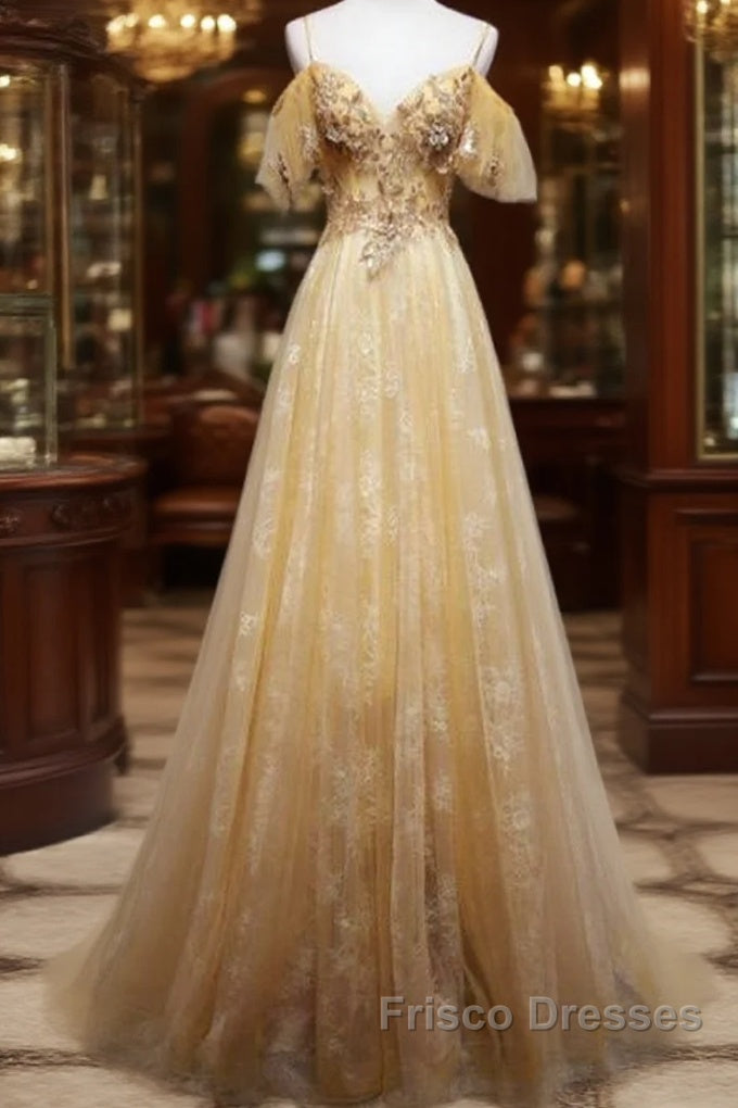 Champagne Lace Off Shoulder Long Party Dress , Cute Tulle Formal Dress Formal Prom Dress Main image