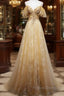 Champagne Lace Off Shoulder Long Party Dress , Cute Tulle Formal Dress Formal Prom Dress