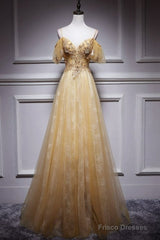 Champagne Lace Off Shoulder Long Party Dress , Cute Tulle Formal Dress Prom Dress