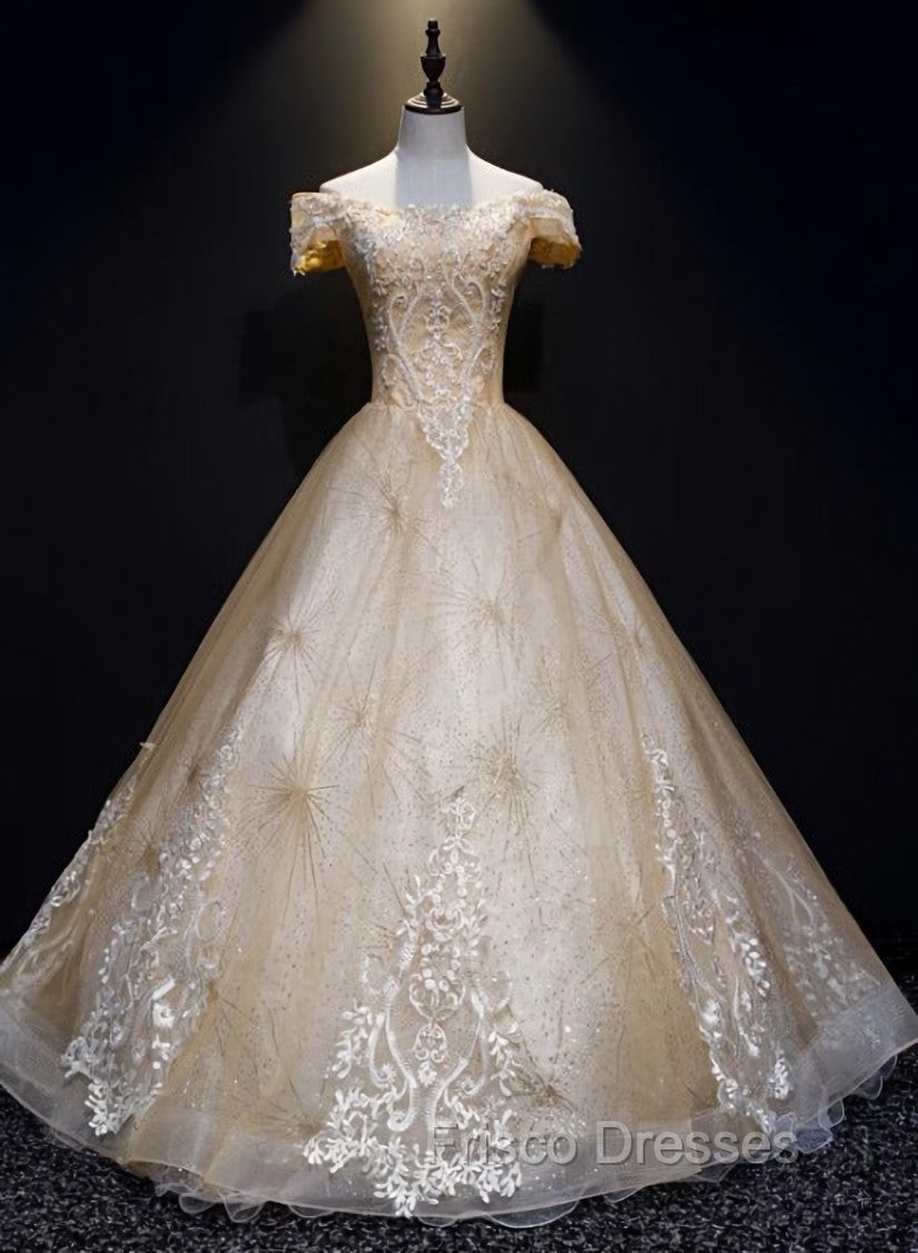 Champagne Lace Off Shoulder Party Dress, Ball Gown Tulle Evening Dress Formal Dress Main image