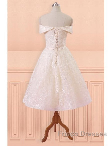Champagne Lace Off Shoulder Tea Length Wedding Dress With Sash Secondary image