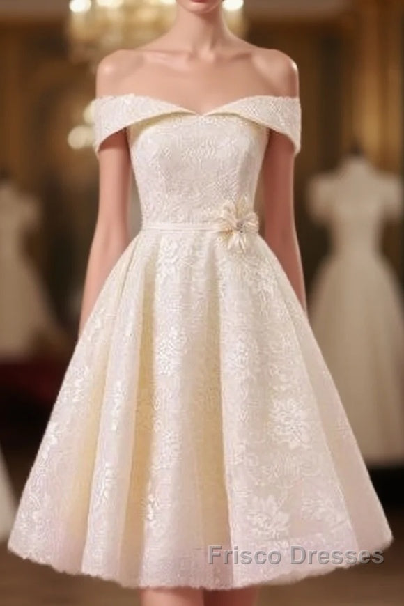 Champagne Lace Off Shoulder Tea Length Wedding Dress With Sash Main image