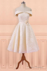 Champagne Lace Off Shoulder Tea Length Wedding Dress With Sash