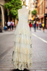 Champagne Lace Formal Prom Dress A-line V-neck Elegant Evening Dress