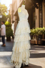 Champagne Lace Formal Prom Dress A-line V-neck Elegant Evening Dress