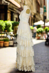 Champagne Lace Formal Prom Dress A-line V-neck Elegant Evening Dress