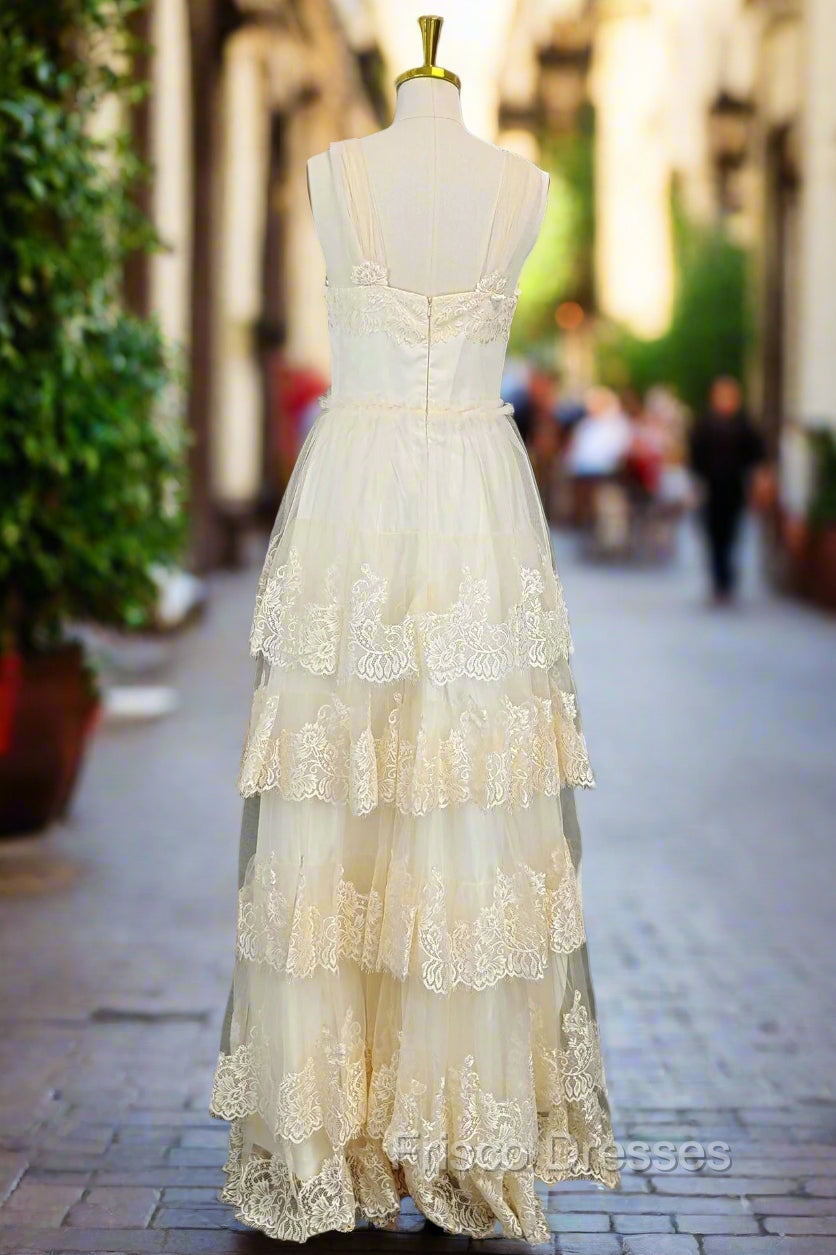 Champagne Lace Formal Prom Dress A-line V-neck Elegant Evening Dress